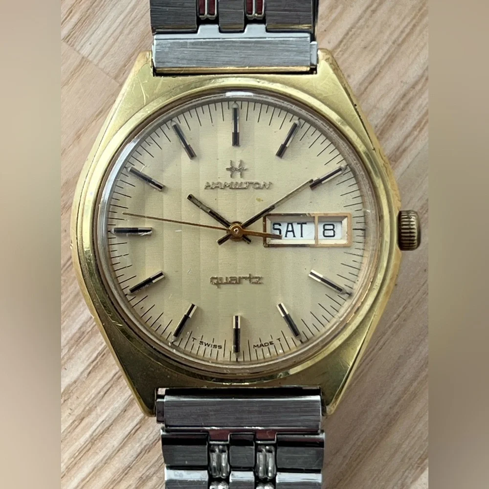 Hamilton 14K Gold Plated Rare Vintage Men’s Watch Stainless Bracelet Gold Dial